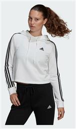 Adidas Essentials 3-Stripes Cropped Γυναικείο Φούτερ με Κουκούλα Λευκό