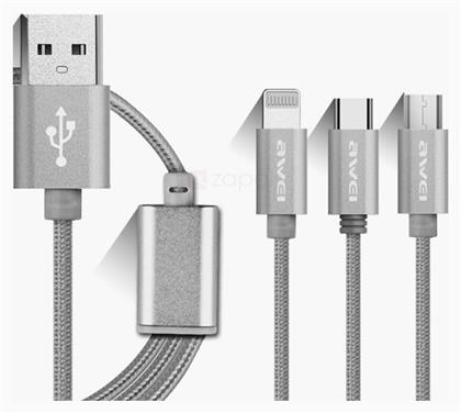 Awei CL-970 Braided USB to Type-C / Lightning / micro USB Cable Γκρι 1.2m από το MagicStore