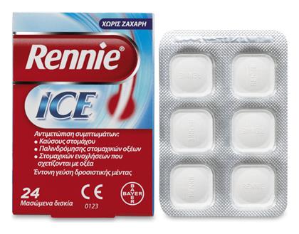 Bayer Rennie Ice Αντιμετώπιση Συμπτωμάτων Καύσους Στομάχου/Γαστρικών Ενοχλήσεων 24 Μασώμενα Δισκία Cool Mint Χωρίς Ζάχαρη από το Pharm24