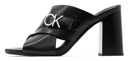 Calvin Klein Δερμάτινα Mules με Χοντρό Ψηλό Τακούνι σε Μαύρο Χρώμα