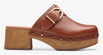 Clarks Δερμάτινα Mules με Χοντρό Ψηλό Τακούνι σε Ταμπά Χρώμα