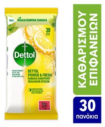 Dettol Power & Fresh Μαντηλάκια Καθαρισμού Γενικής Χρήσης με Απολυμαντική Δράση Λεμόνι & Λάιμ 30 τμχ