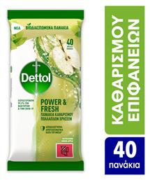 Dettol Power & Fresh Μαντηλάκια Καθαρισμού Γενικής Χρήσης με Απολυμαντική Δράση Πράσινο Μήλο 40 τμχ