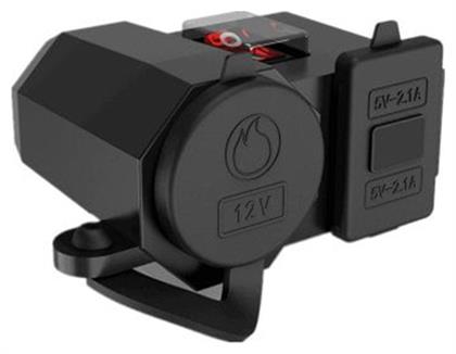 Factory Αδιάβροχος Φορτιστής Μοτοσυκλέτας 2.1A με Θύρες: 2xUSB & 1xΑναπτήρα με Βολτόμετρο