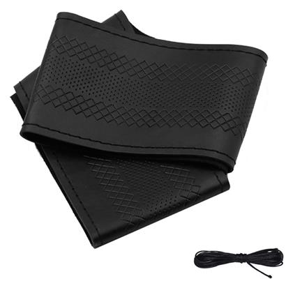 Factory Κάλυμμα Τιμονιού Αυτοκινήτου με Διάμετρο 50εκ. Δερμάτινο Μαύρο με Μαύρη Ραφή