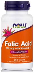 Now Foods Folic Acid Βιταμίνη για την Υγεία του Νευρικού Συστήματος 800mcg 250 ταμπλέτες