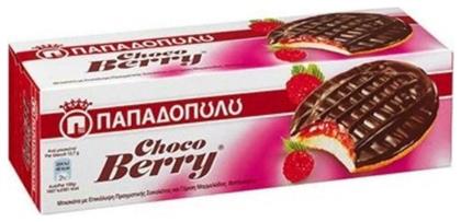 Παπαδοπούλου Μπισκότα Choco Berry με Επικάλυψη & Γέμιση Σοκολάτα & Φράουλα 150gr