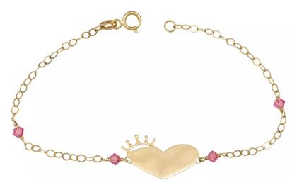 Παιδικό Βραχιόλι από Χρυσό 9K με Καρδιά, Κορώνα, Κοριτσάκι & Πέτρες