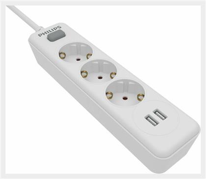 Philips Πολύπριζο Ασφαλείας 3 Θέσεων με Διακόπτη, 2 USB και Καλώδιο 1.5m Λευκό