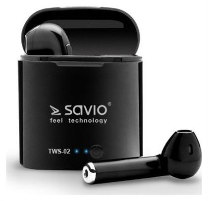 Savio TWS-02 Earbud Bluetooth Handsfree Ακουστικά με Θήκη Φόρτισης Μαύρα