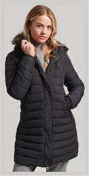 Superdry Fuji Μακρύ Γυναικείο Puffer Μπουφάν με Γούνινη Κουκούλα για Χειμώνα Μαύρο