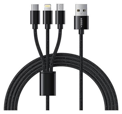 Veger V303 Braided USB to Lightning / Type-C / micro USB Cable 2.4A Μαύρο 1.5m από το Uniqueshop